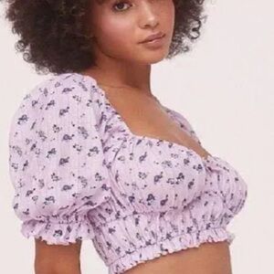 For Love And Lemons Lola Pointelle Puff Sleeve Crop Top